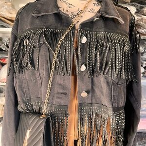 Fringe Studded Black Jean Jacket